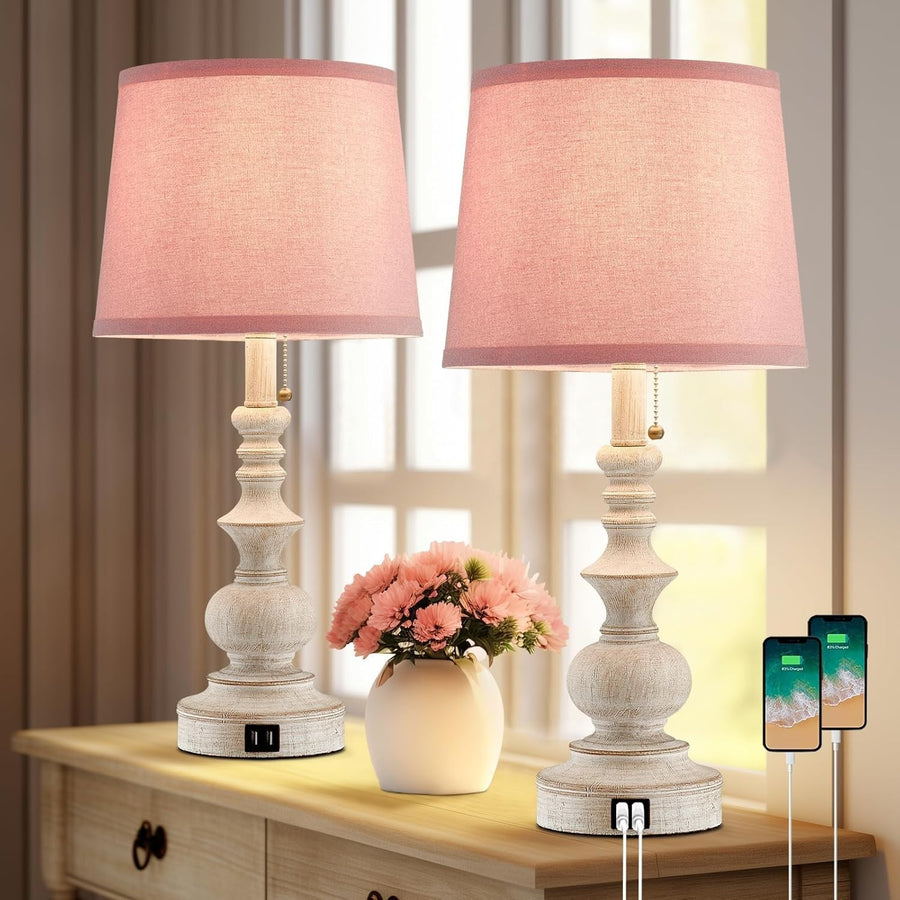 Pink Farmhouse Table Lamps Set of 2 with USB, 22" Tall, Perfect for Girls