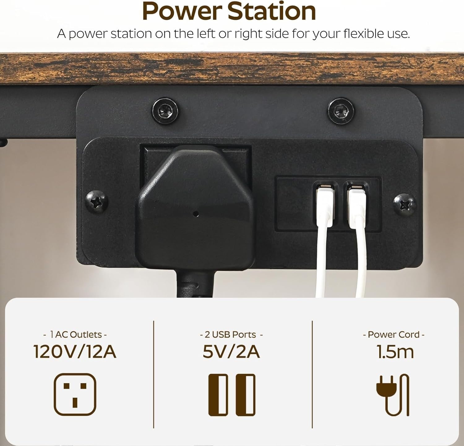 Set of 2 Rustic Bedside Tables with USB Charging Station 2 Drawers & Shelves