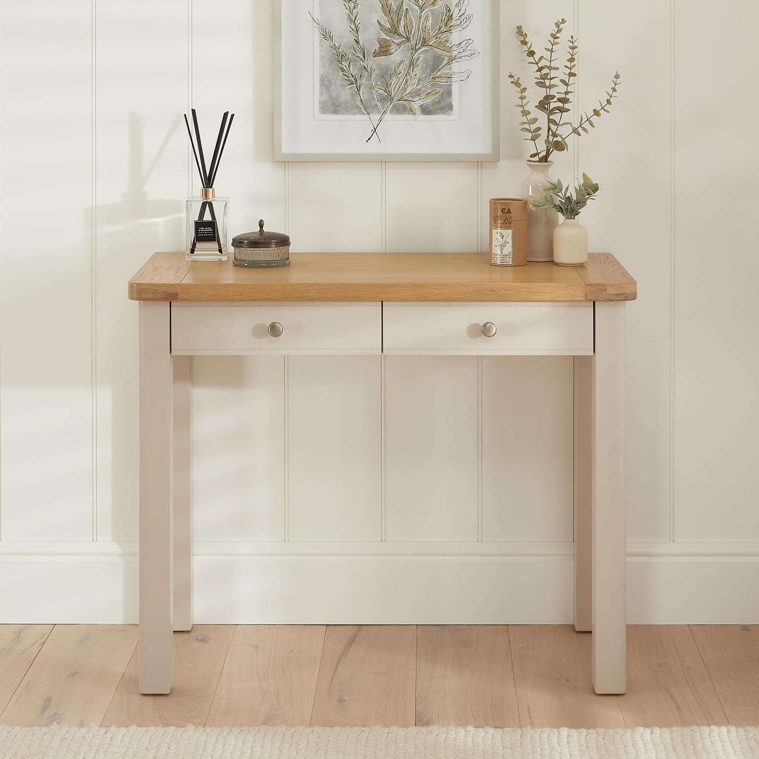 Putty Grey Wood Desk Dressing Table 2 Drawer Home Office Vanity Storage