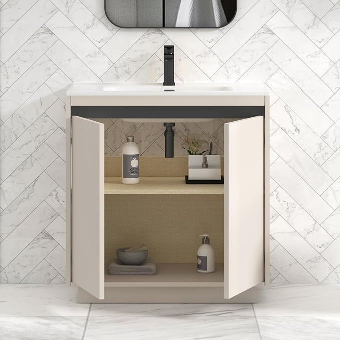 800mm Beige Floor Standing Vanity Unit with Basin Sink 2 Door Bathroom Cabinet