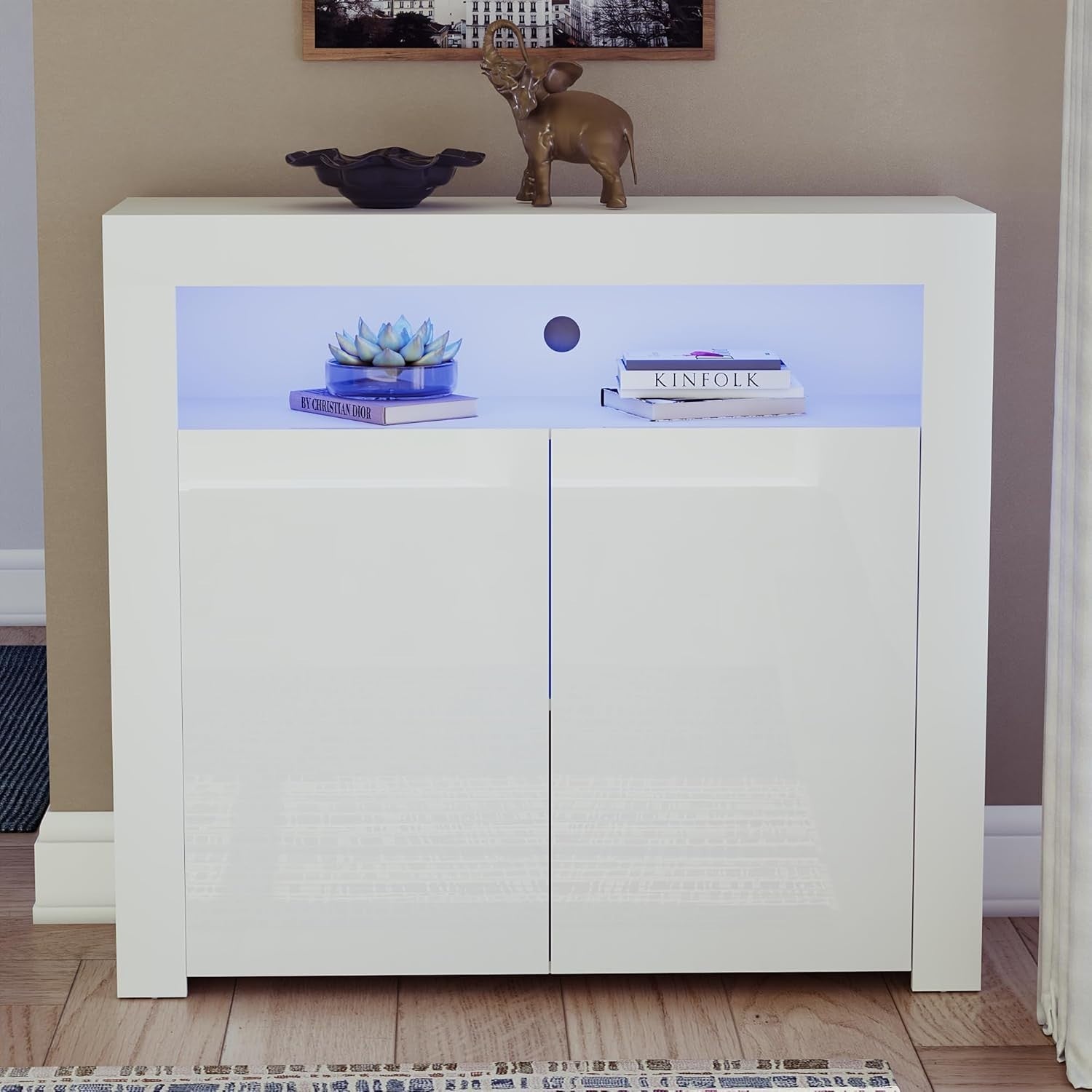 Modern White LED Sideboard 2 Doors Magnetic Storage Cabinet RGB Lighting