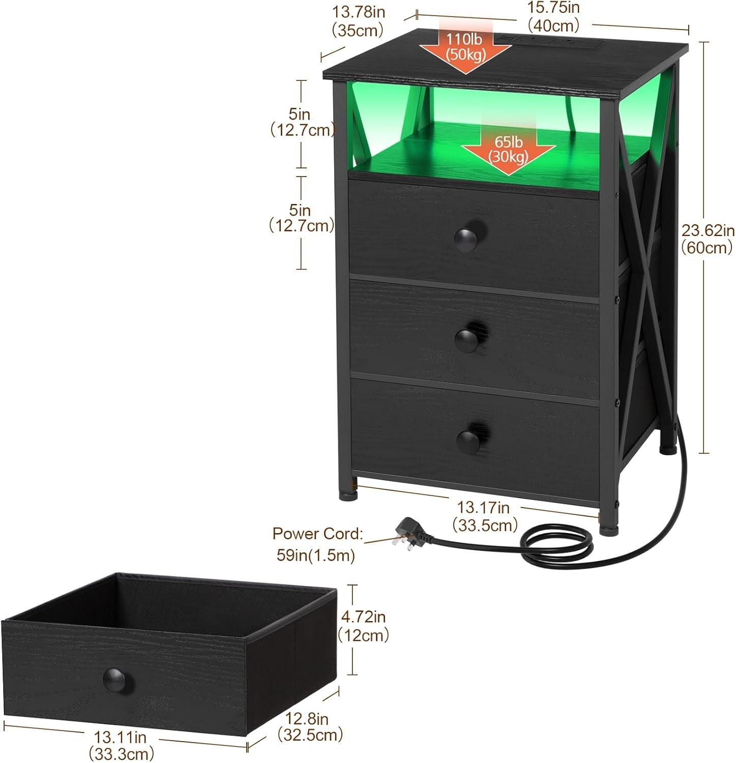 Set of 2 Black LED Bedside Tables with Charging Station & 3 Drawers Modern