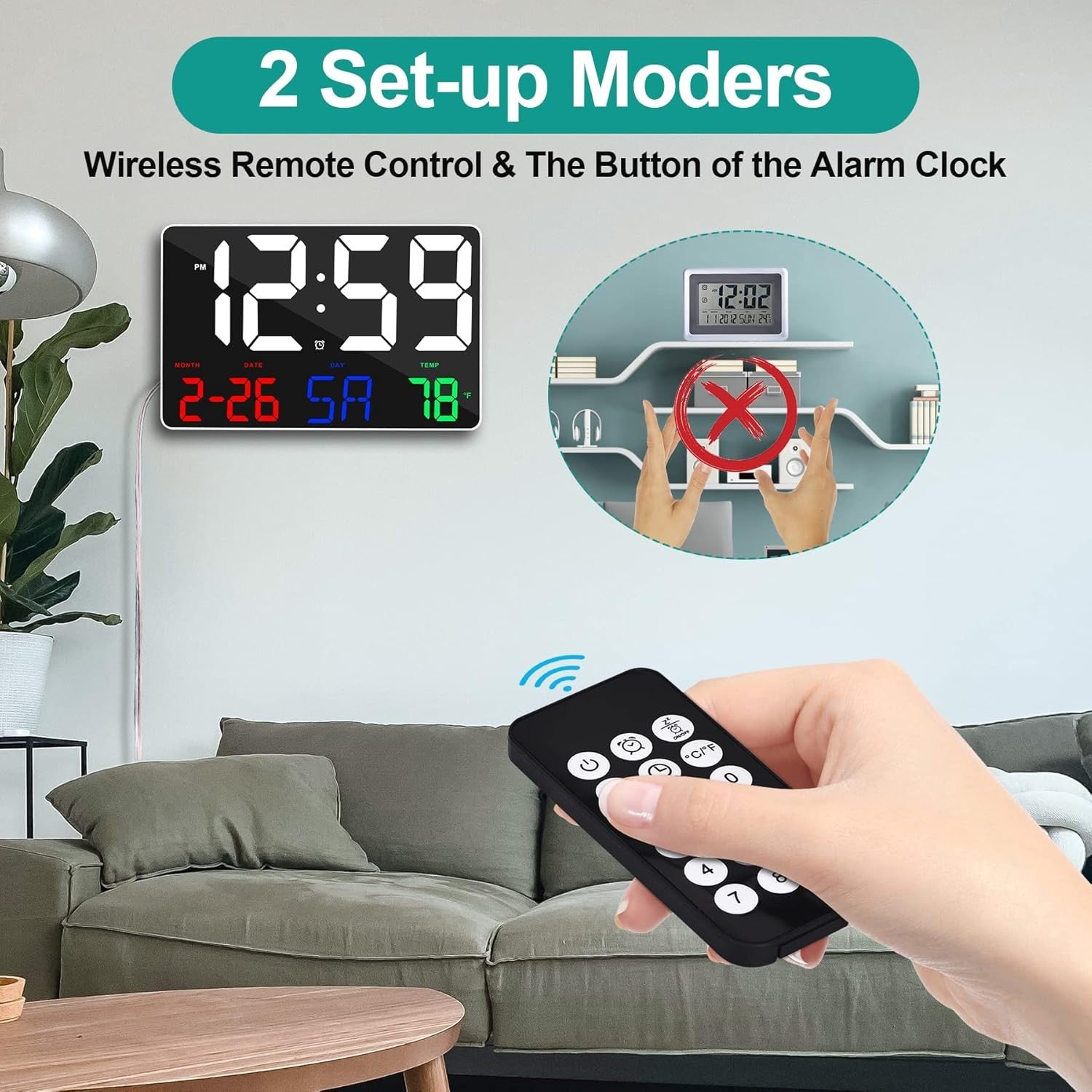 White Large Digital Wall Clock Remote Control Date Temp 12/24H