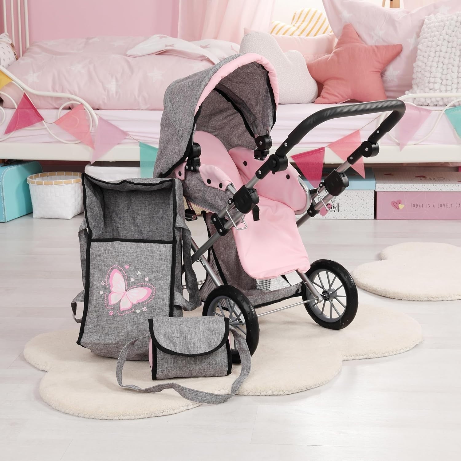 Dolls Pram Pushchair Convertible Foldable Adjustable Handle Basket Bag