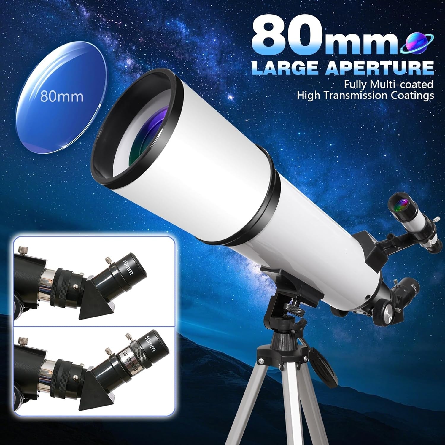 80mm Aperture Refractor Telescope 600mm Focal Length 180x Zoom Tripod