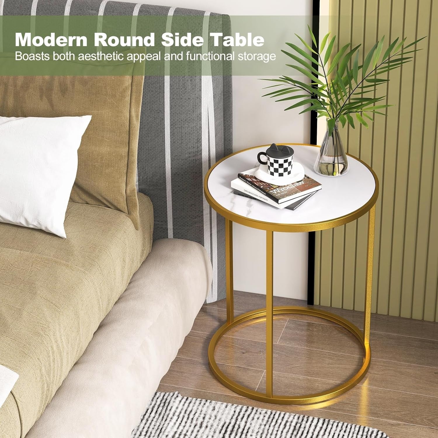 Marble Top Round Side Tables Set of 2 – Gold Metal Frame Modern End Tables