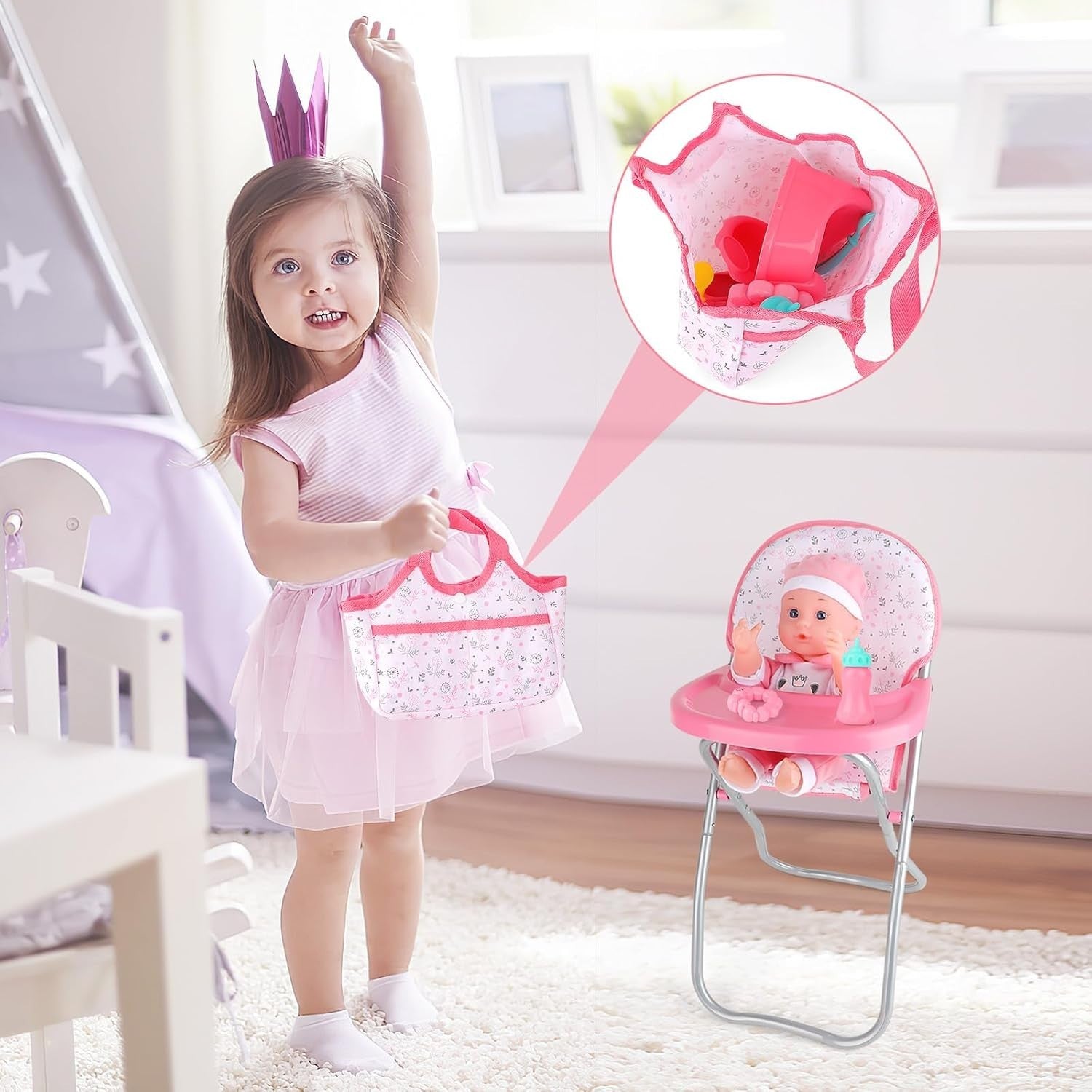 Baby Doll Stroller Playset Foldable Pram Cot Highchair Accessories