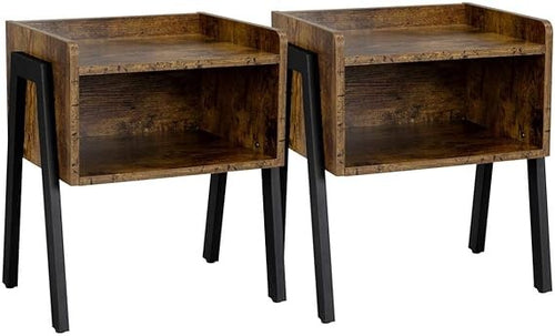 Rustic Brown Bedside Tables Set of 2 | Industrial Nightstands with Open Storage