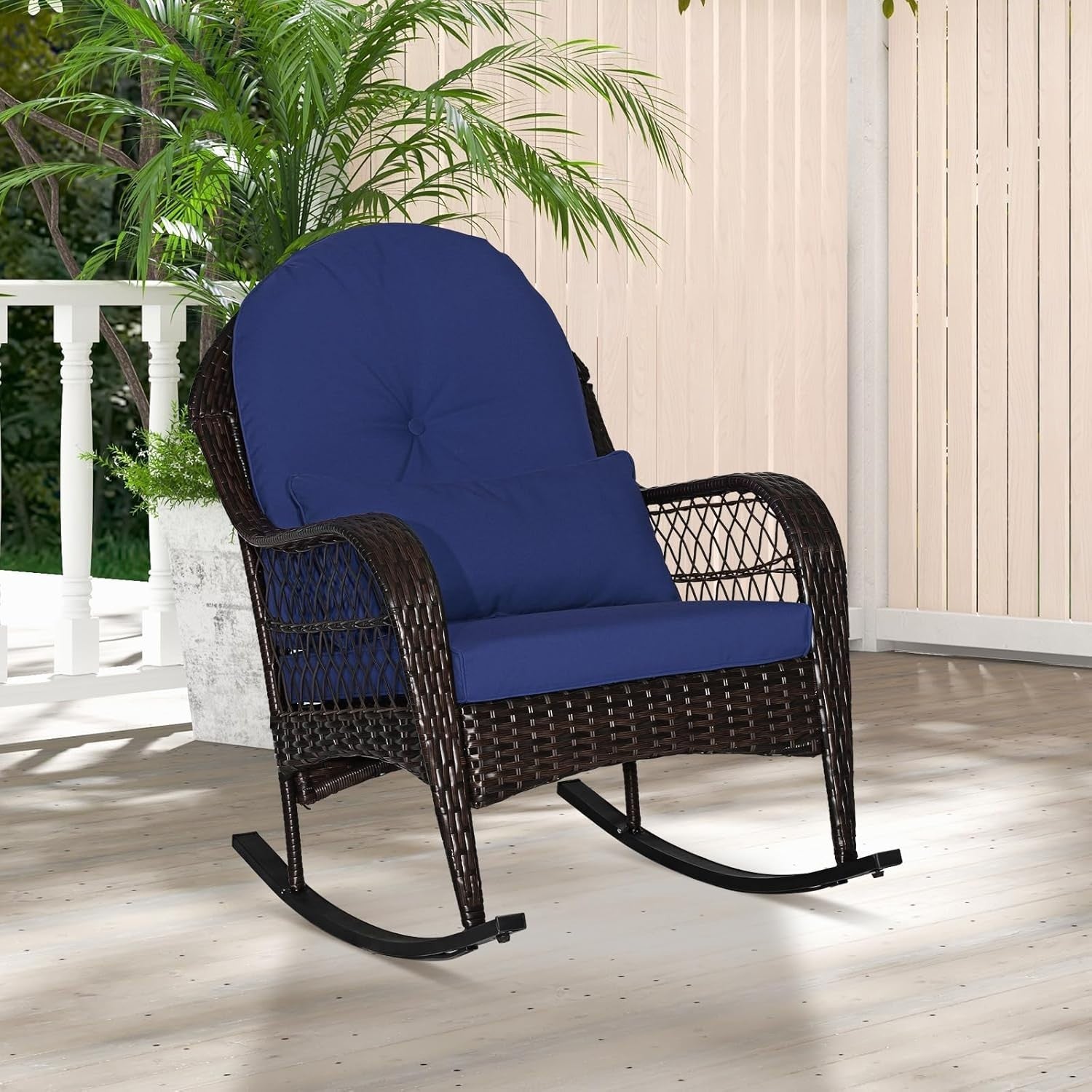Rattan Garden Rocking Chair Outdoor Patio Seat w/ Cushions & Lumbar