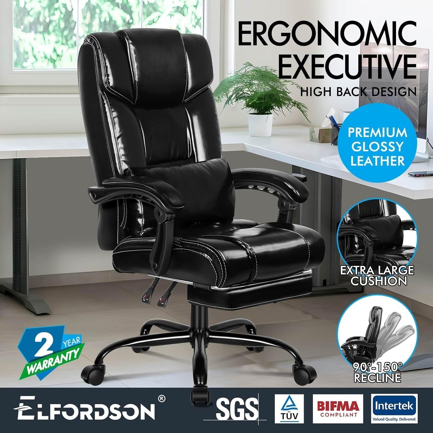 Executive Ergonomic Office Chair, Adjustable Reclining PU Leather Swivel Desk Se
