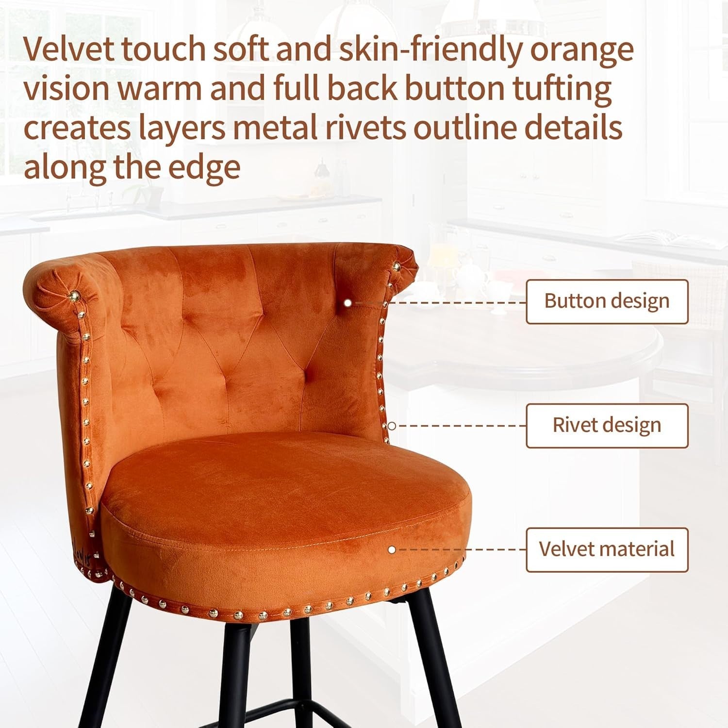Swivel Bar Stools Set of 2 | Orange PU Leather L-Shaped Counter Chairs