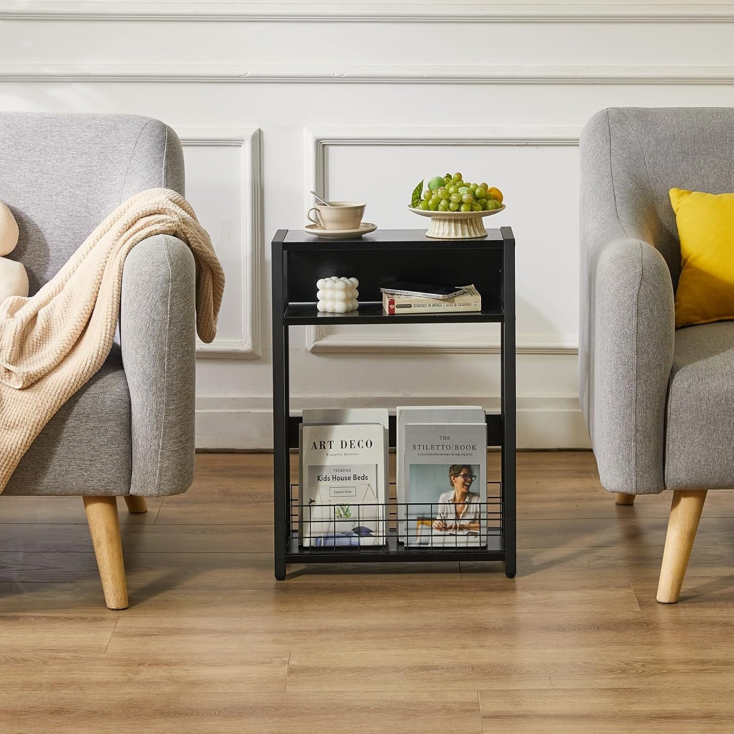 Narrow Black Side Table 3 Tier Slim End Table with Storage Shelf for Sofa Bed