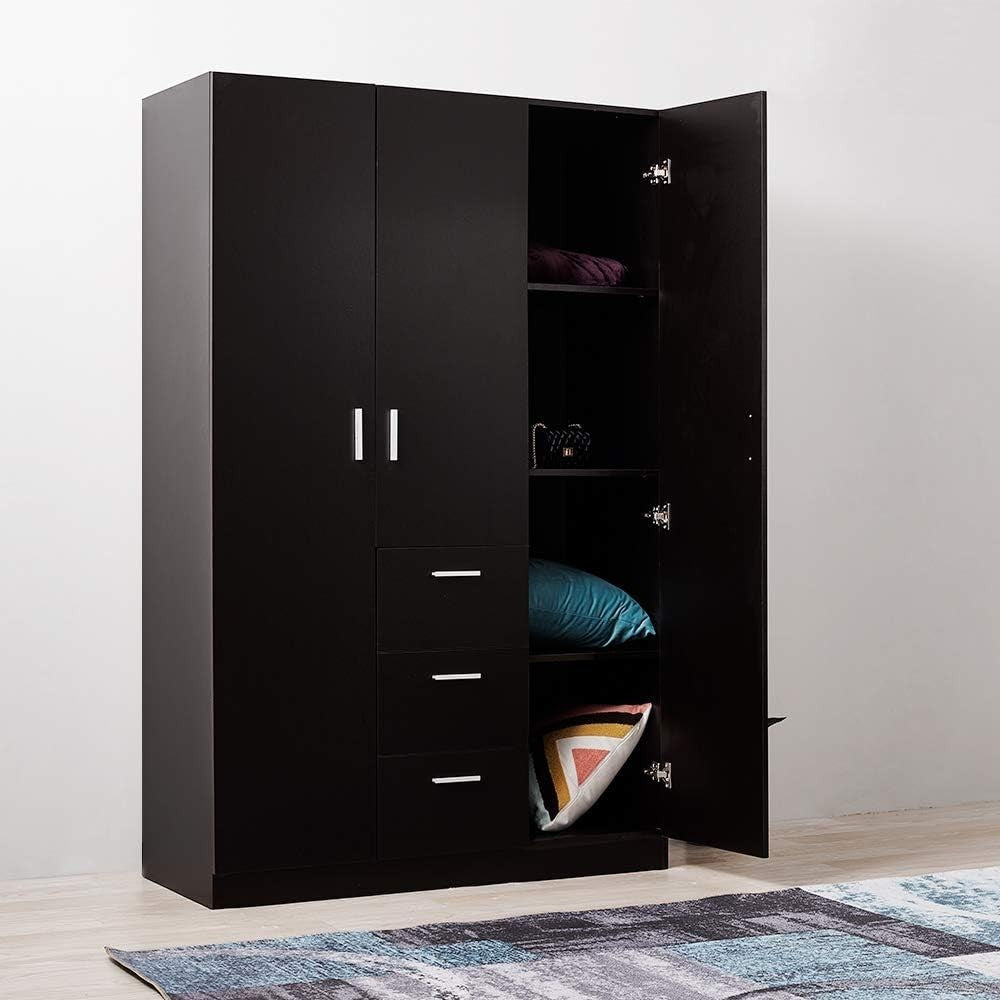 Large 3 Door Wardrobe with 3 Drawers, Shelves & Hanging Rail - Black Bedroom