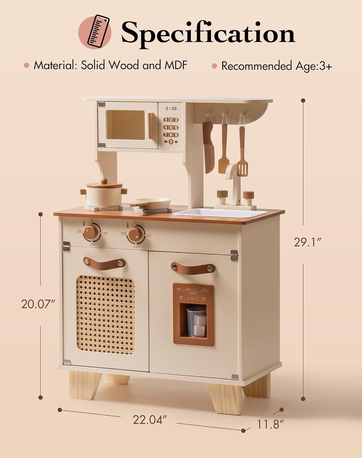 Wooden Kids Play Kitchen w/ Ice Dispenser Vintage Cream Toy