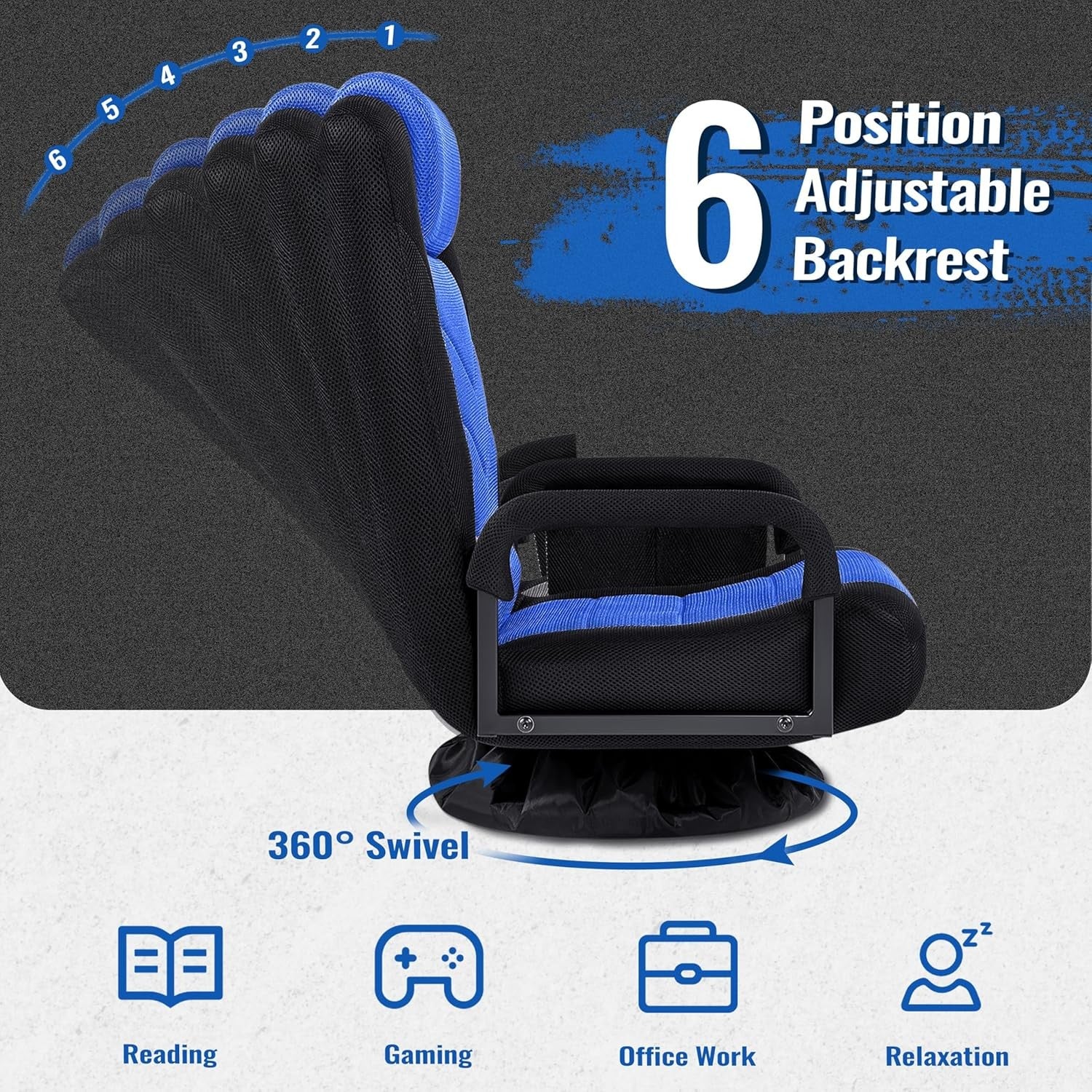 360° Swivel Gaming Floor Chair Recliner 6 Position Sofa Blue
