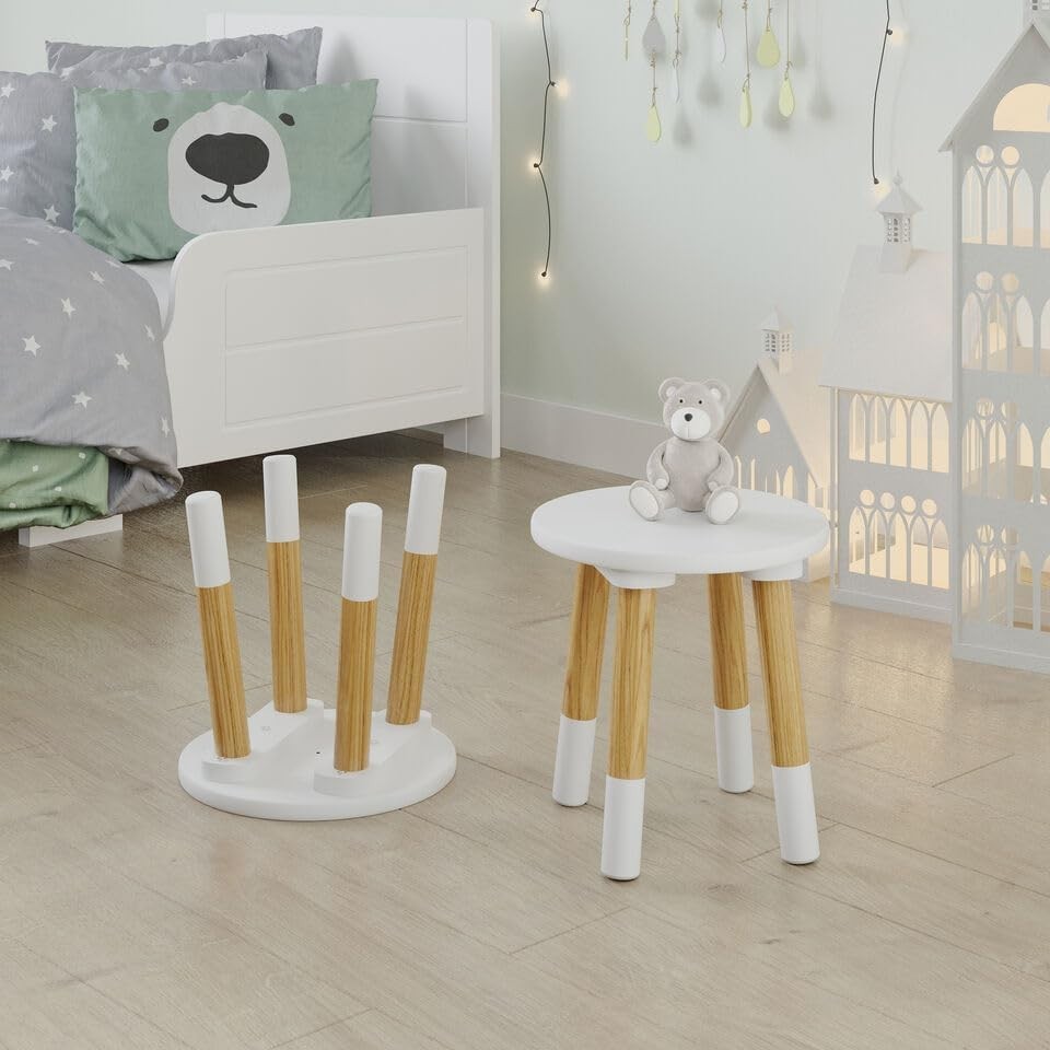 Kids Wooden Round White Table & 4 Chair Set, Durable Toddler Activity Desk