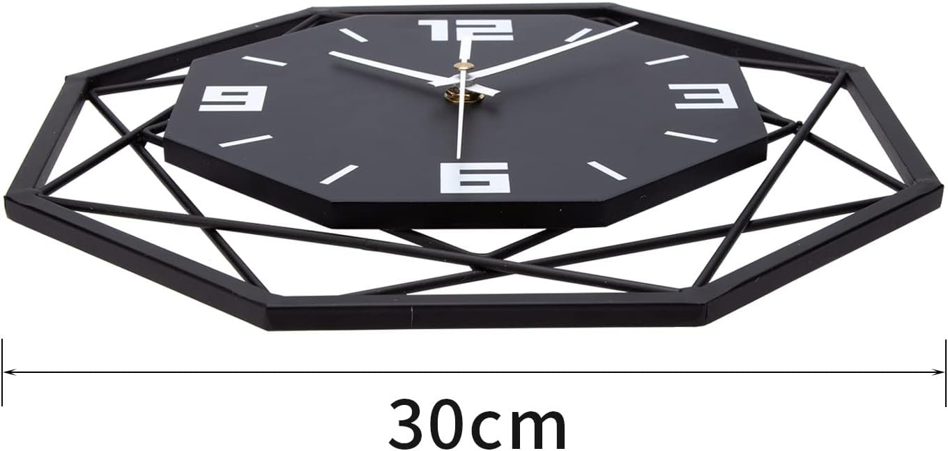Modern Metal Wall Clock 30cm Silent Non-Ticking Geometric Black Home Decor