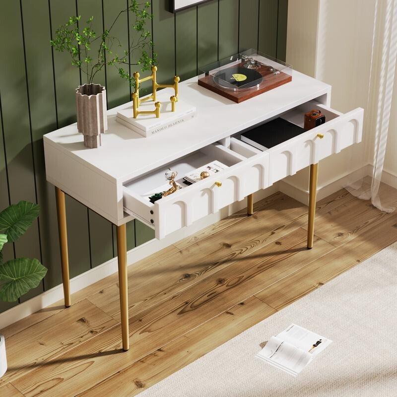 White Dressing Table with 2 Drawers & Gold Legs – Bedroom Makeup Desk