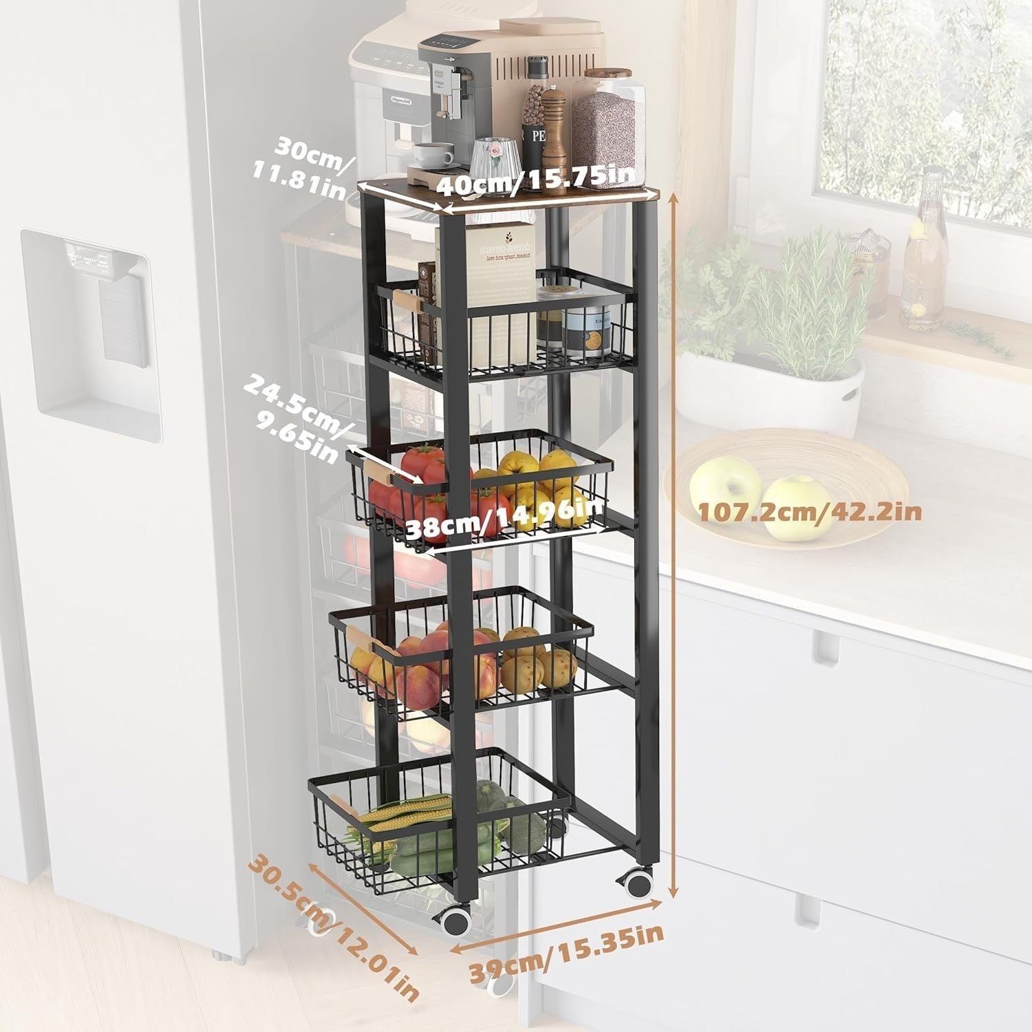 5 Tier Kitchen Trolley 107cm Rolling Storage Cart