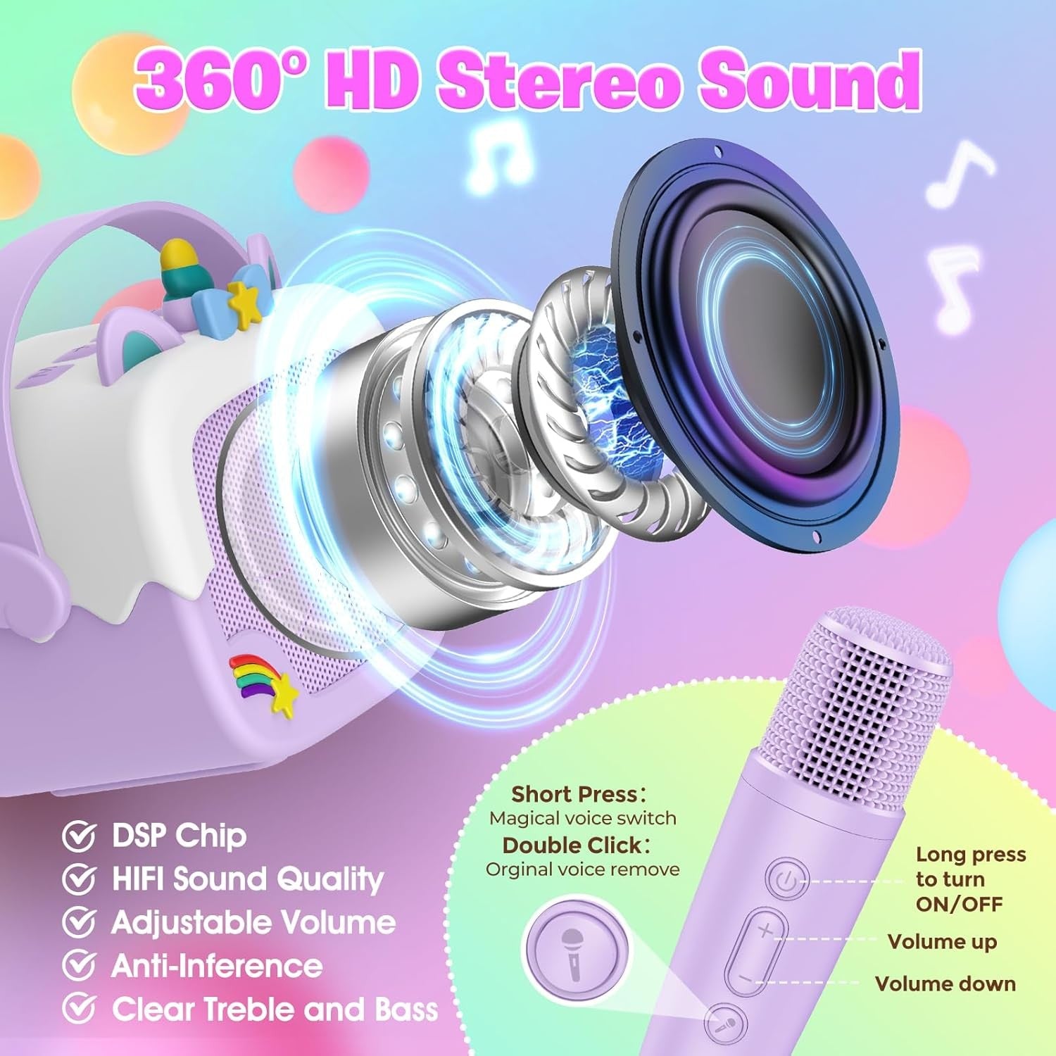 Purple Unicorn Kids Karaoke Machine with Mic Bluetooth