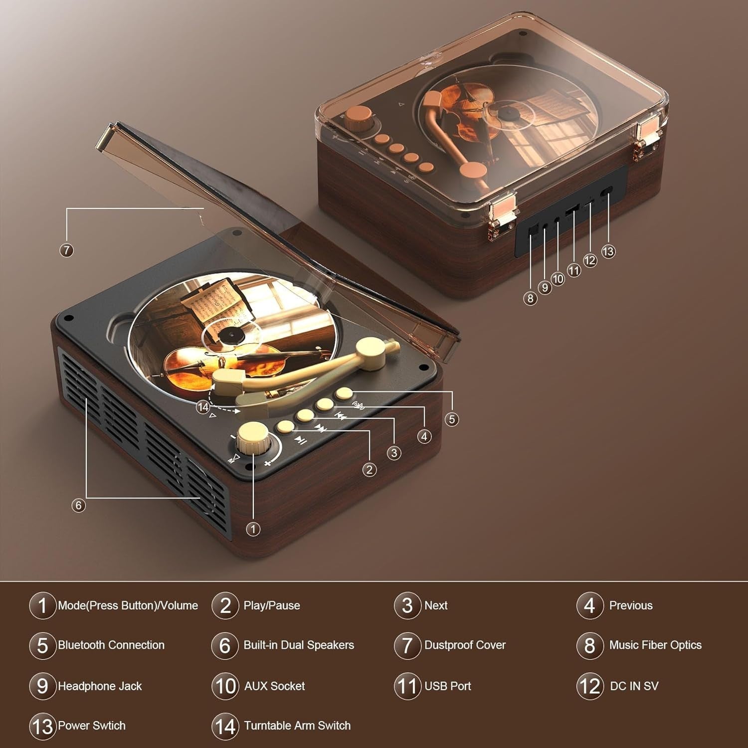 Portable Bluetooth CD Player Speakers FM Radio USB AUX Remote Brown