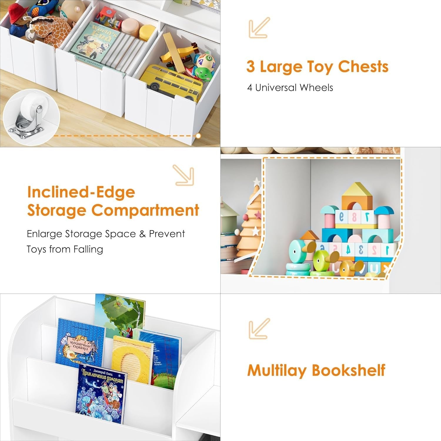Kids Toy Storage Unit Bookcase Organizer w/ Bins Drawers Wheels Nursery White