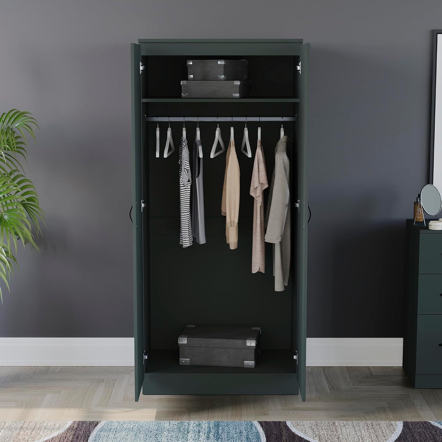 Double Door Bedroom Wardrobe with Hanging Rail & Top Shelf Storage