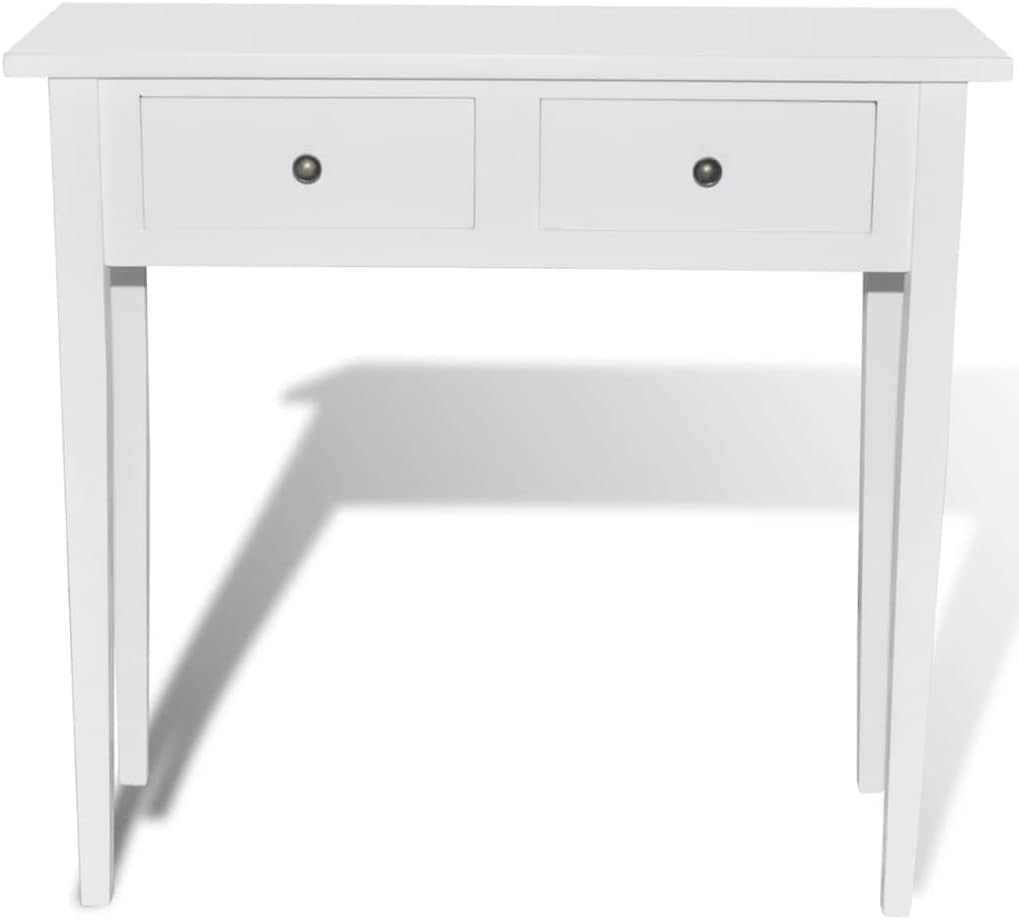 Compact White Console Table with Two Drawers, Durable MDF & Pine Wood