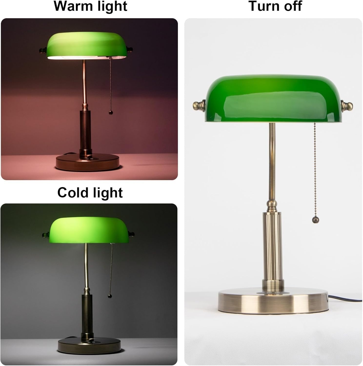 Vintage Green Glass Desk Lamp with Wireless Charging & USB Port, 32cm