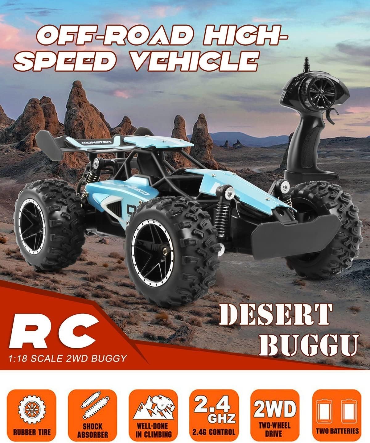 RC Off-Road Car 2.4GHz 2WD Buggy 15KM/H Fast Remote Control Toy with 2 Batteries