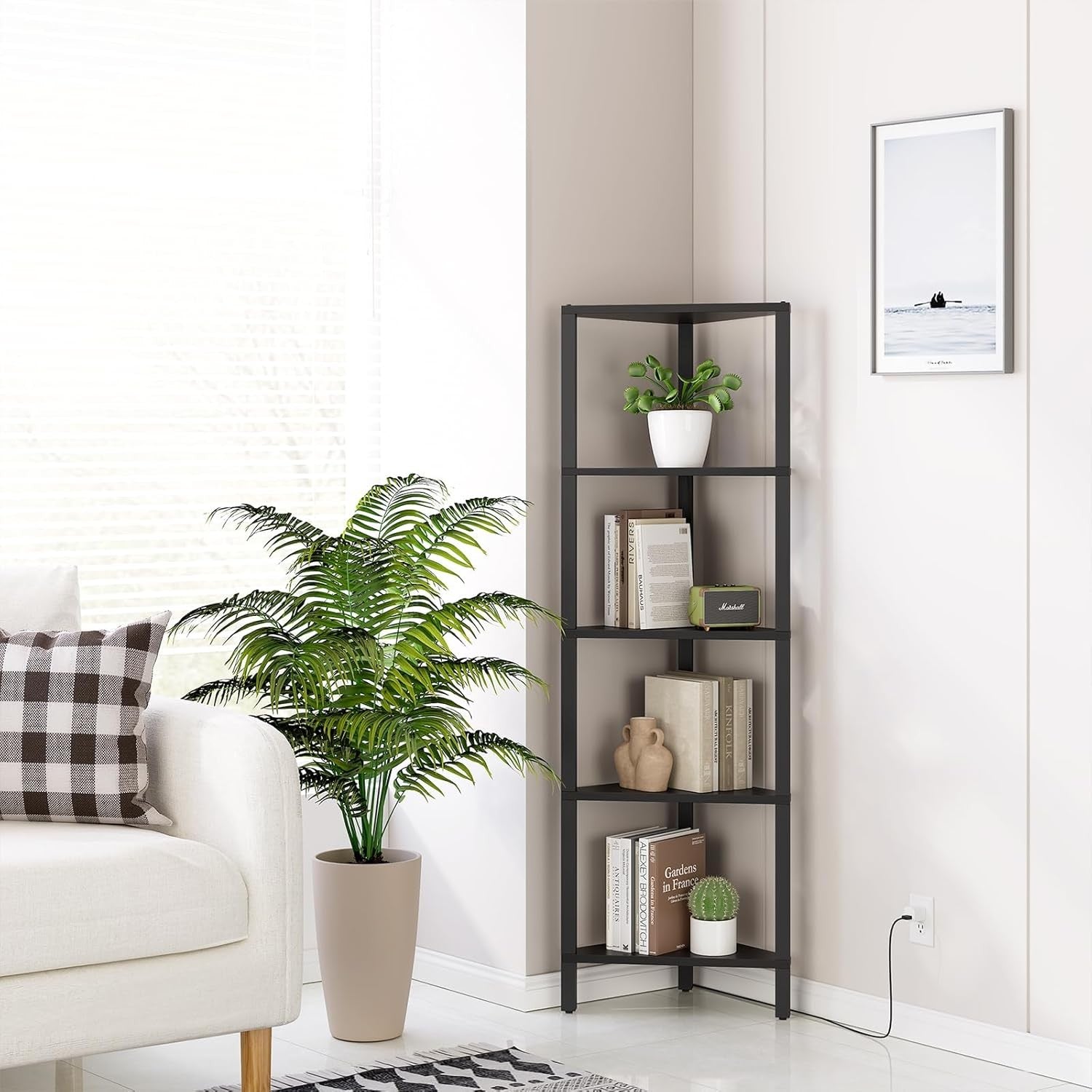 5-Tier Corner Bookshelf with LED Lights Slim Display Storage Unit for Small Spac