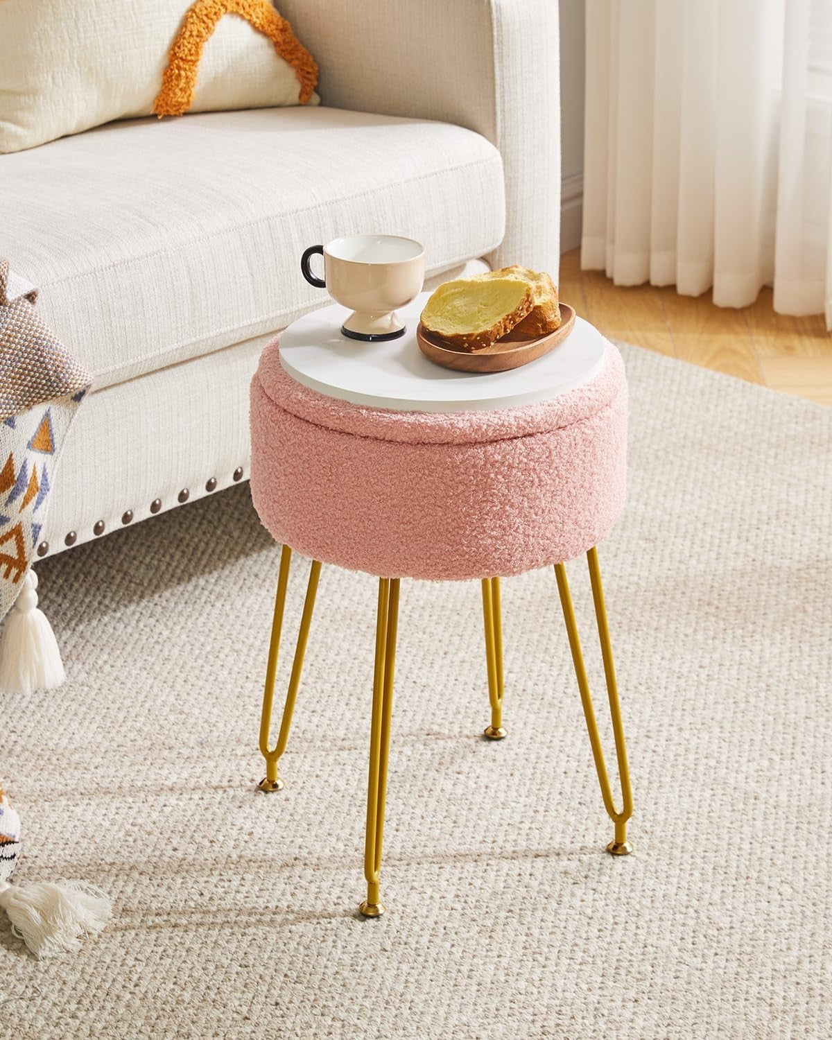 Pink Teddy Velvet Storage Footrest Stool – Vanity Seat with Golden Steel Legs