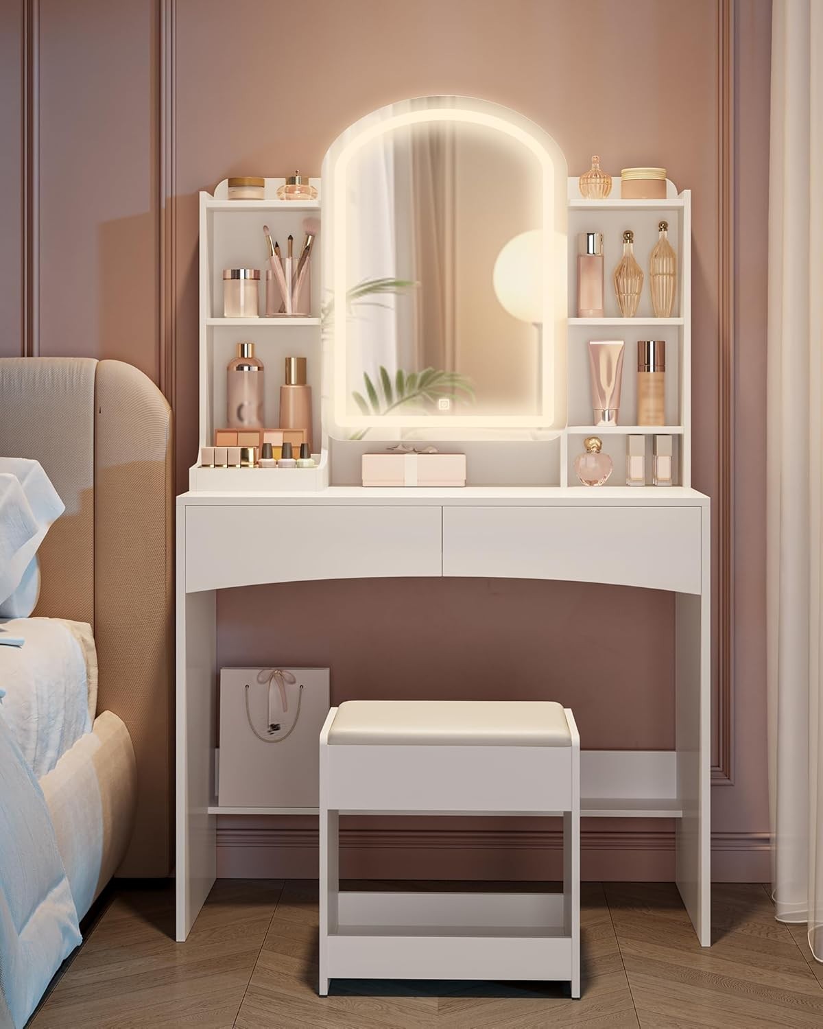 Dressing Table Vanity Desk with Mirror & 3-Color LED Light, Storage, White, Mode