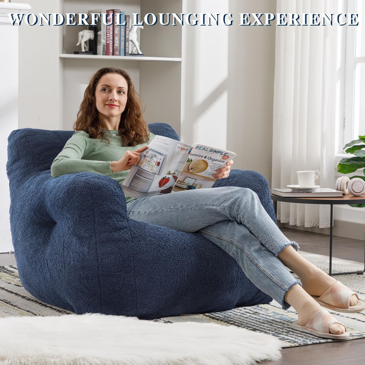 Blue Memory Foam Bean Bag Chair | Large Teddy Sofa Seat for Adults Room