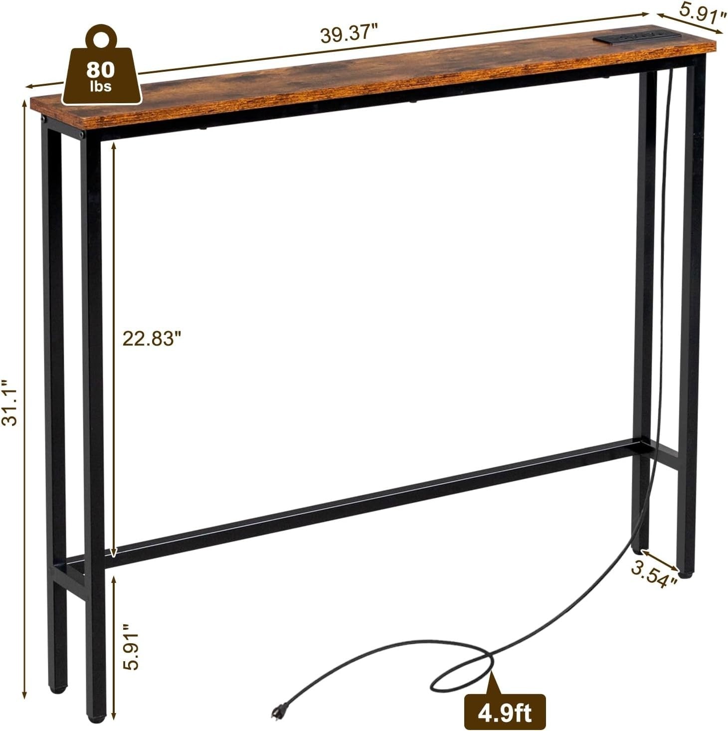 Slim Console Table with Power Outlets & USB, Space-Saving Hallway Desk, 15x100x7