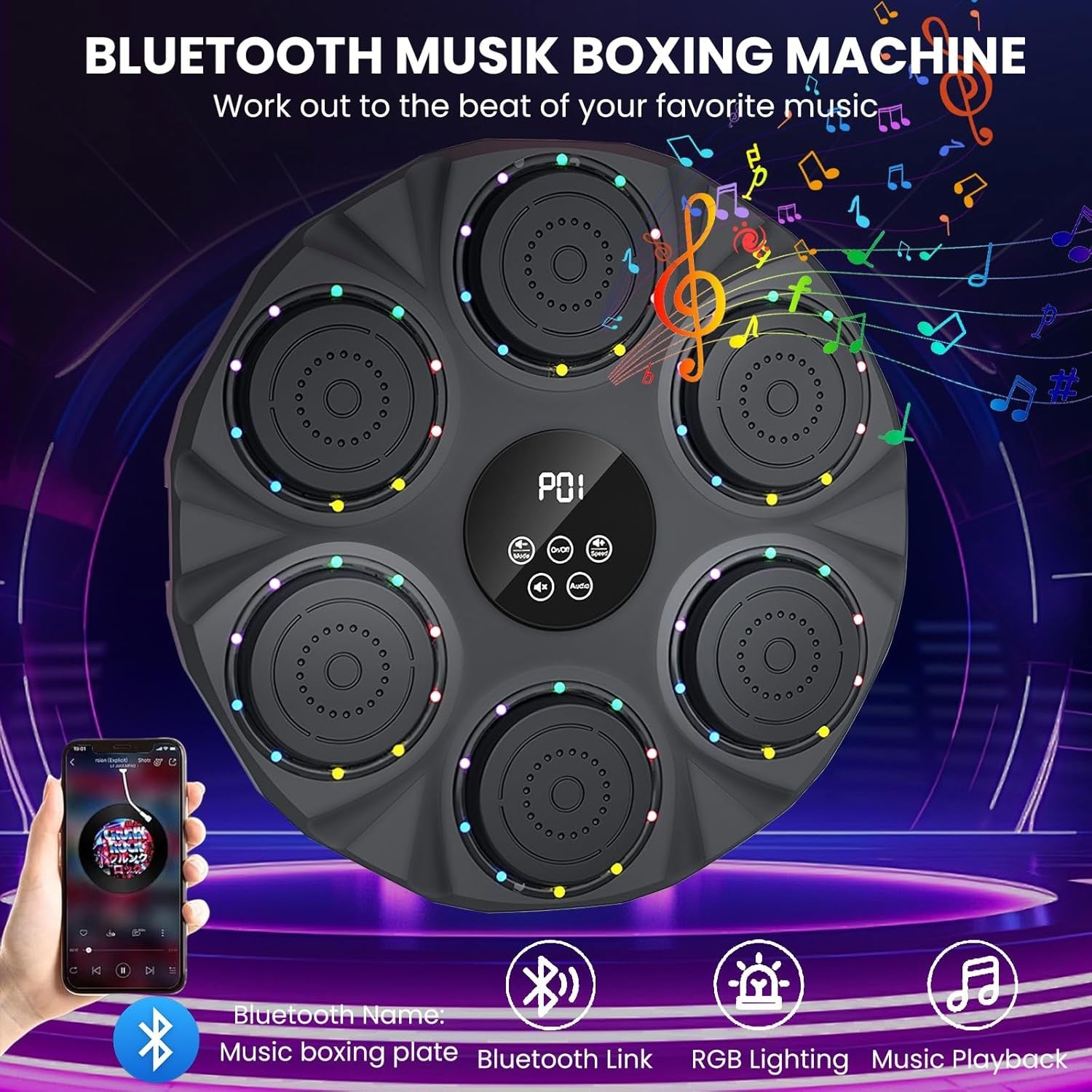 Music Boxing Machine LED Punch Pad Bluetooth Wall Mounted Auto Count Home Gym