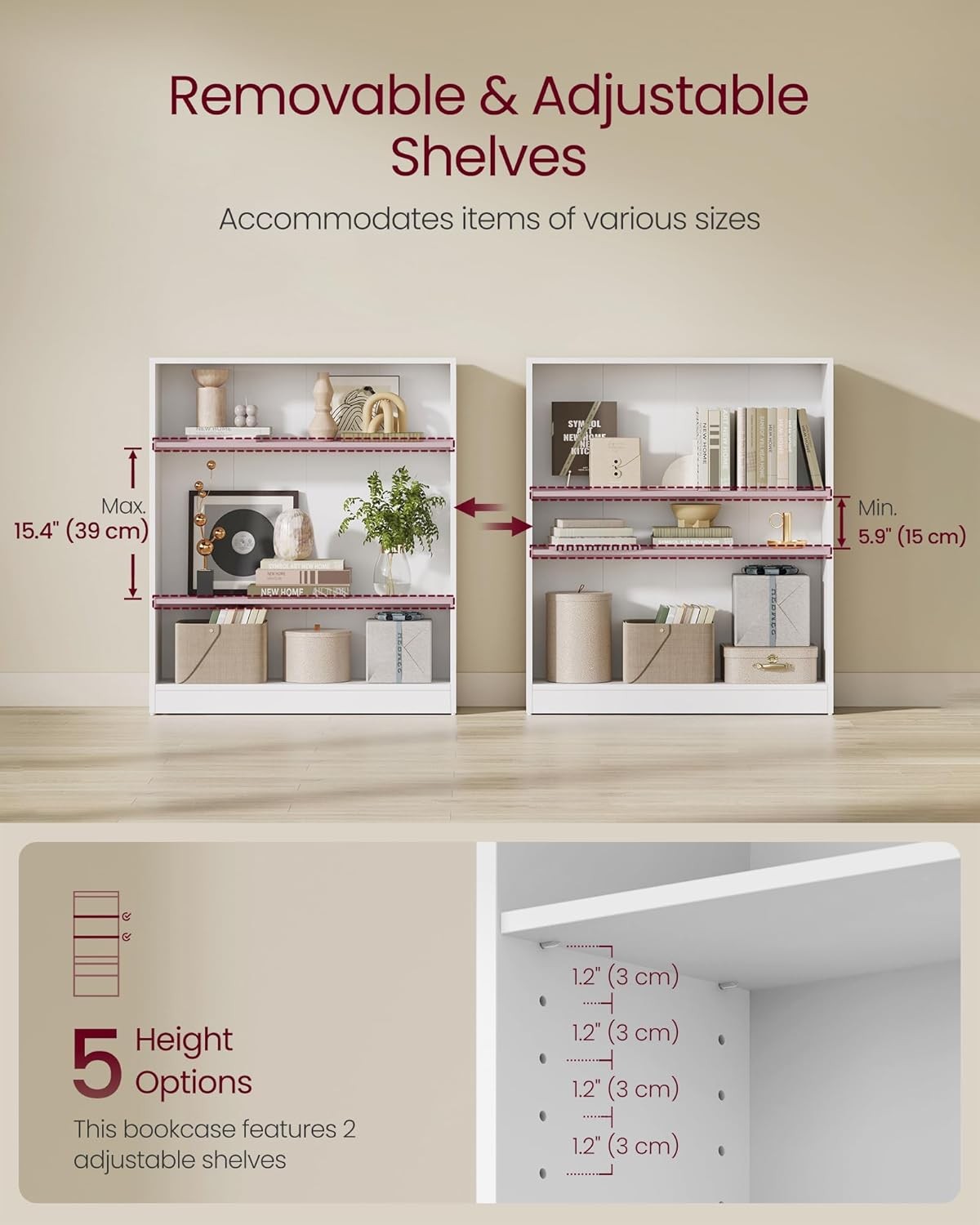 3-Tier White Bookcase 80cm Wide Adjustable Shelves Modern Storage Unit