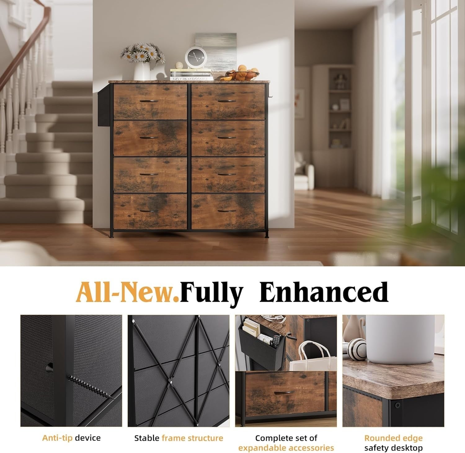 Rustic 8 Drawer Tall Fabric Storage Unit w/ Labels, Pocket & Wood Top