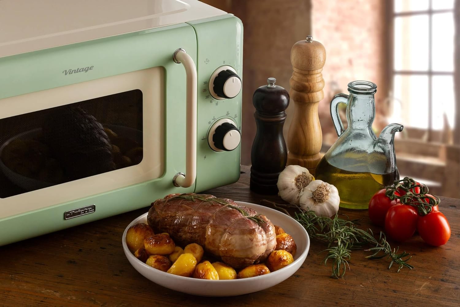 20L 800W Vintage Mechanical Microwave with 5 Power Levels, Green