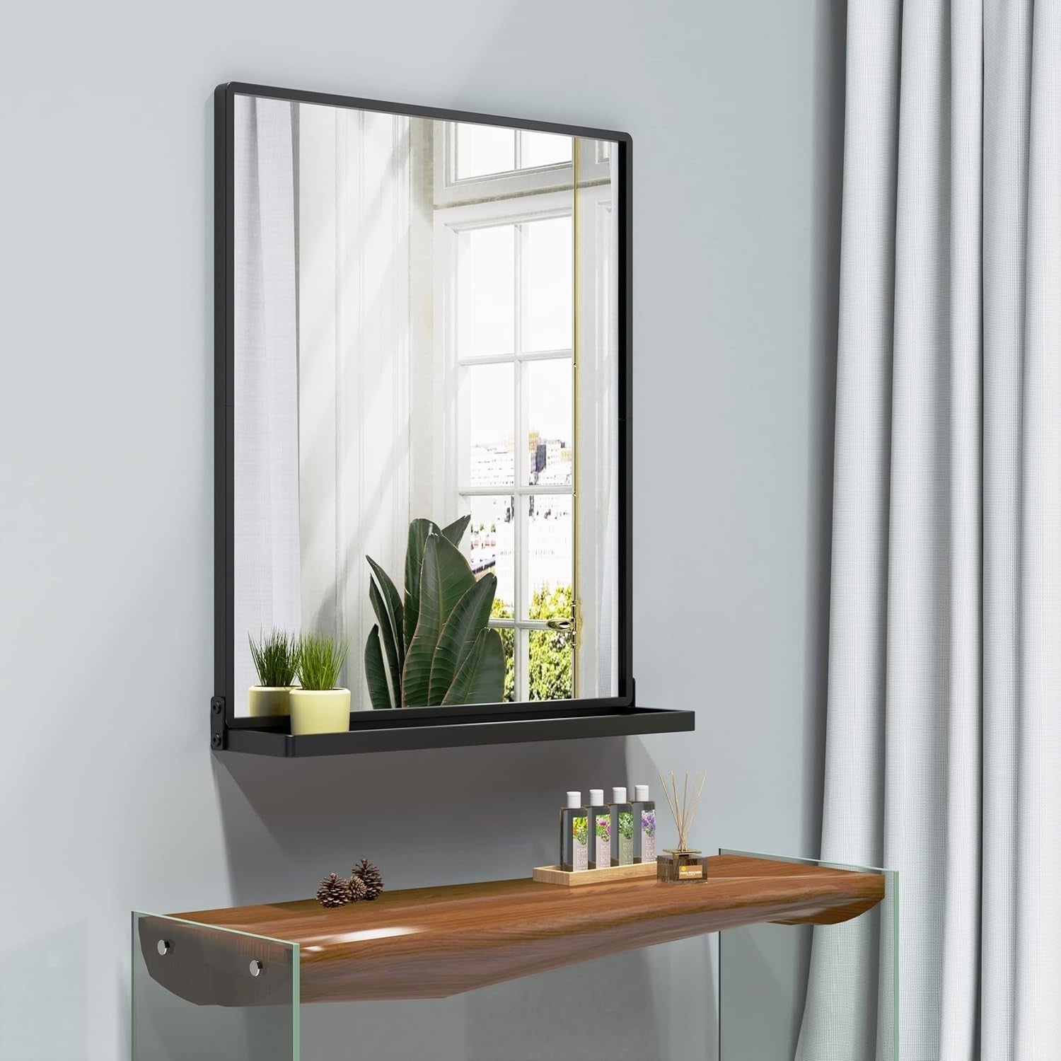 Modern Black Wall Mirror with Shelf 62x50cm – Sleek, Scratch-Resistant