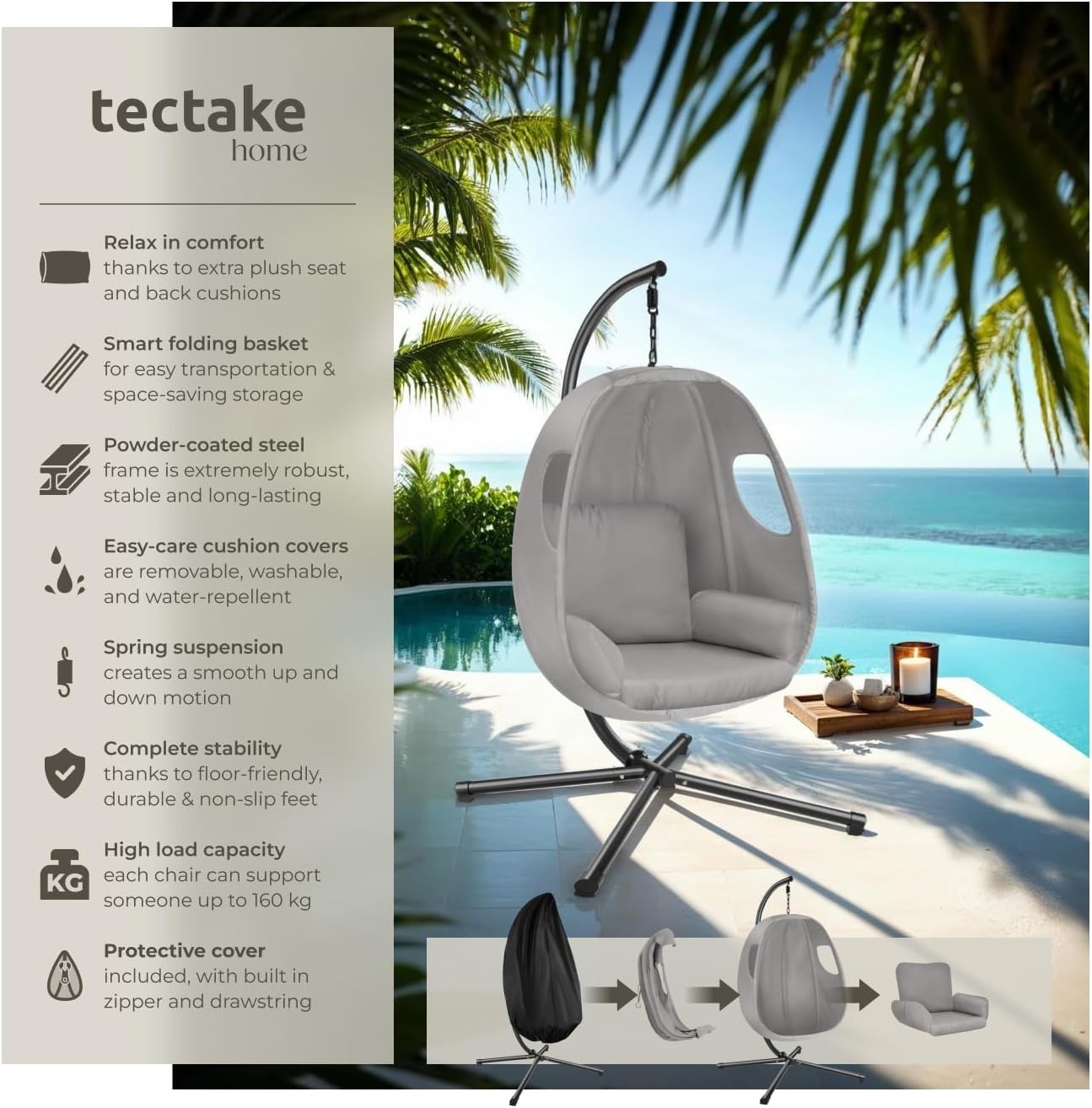Swivel Hanging Egg Chair with Stand & Comfort Cushion for Indoor Outdoor Use