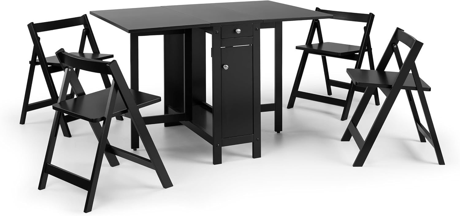 Compact Dining Table Set with Storage Drawer Foldable Chairs Black