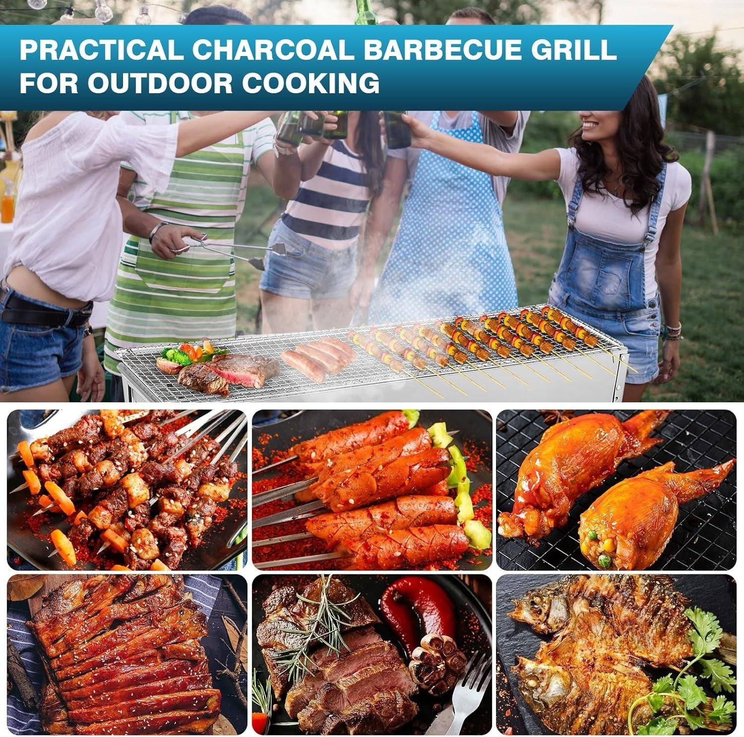 Portable Stainless Steel Charcoal BBQ Grill Folding Yakitori Kebab Stand Outdoor
