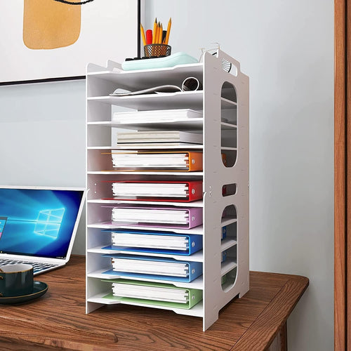 10-Tier White Desk Paper Tray Organizer for A4 Files & Documents