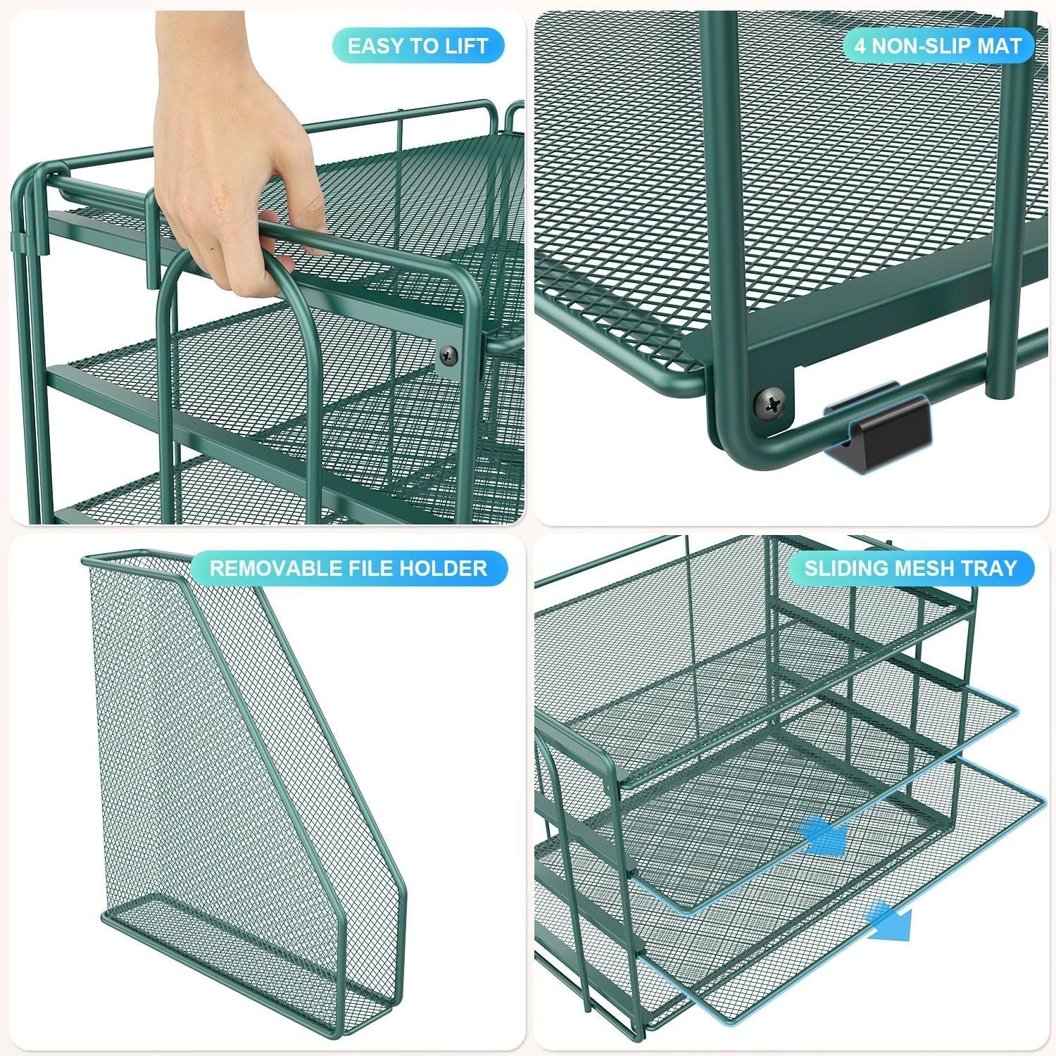 4-Tier Desk Organizer with Magazine Rack – Metal File & Paper Storage, Green