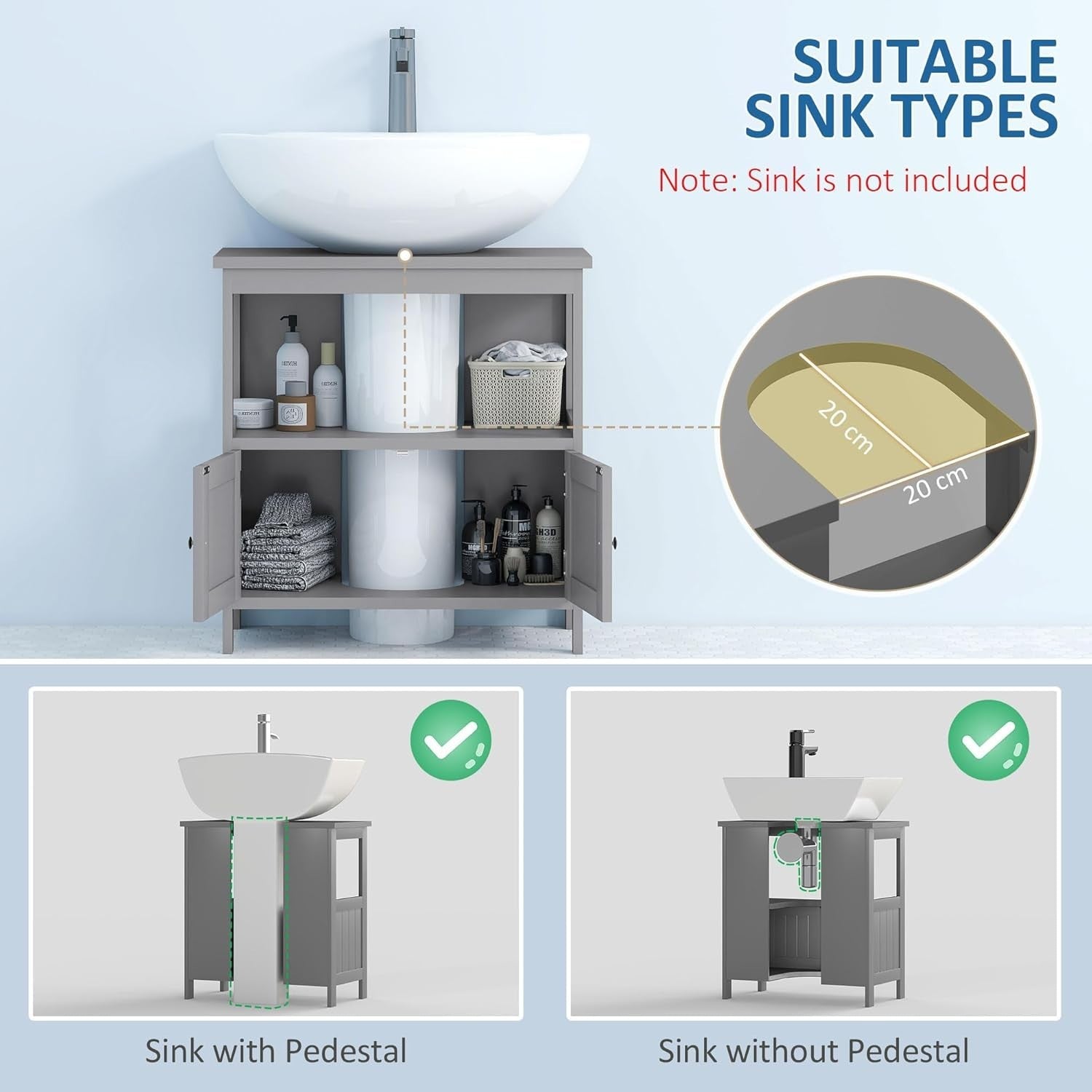 Grey Under Sink Bathroom Cabinet Vanity Storage Unit with Doors & Shelf 60x60cm