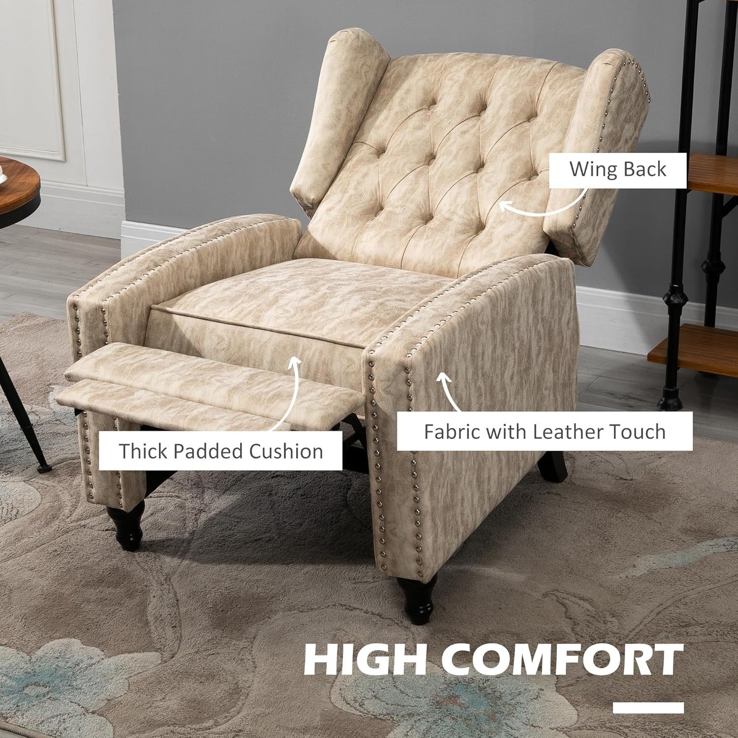 Beige Recliner Armchair with Footrest Wingback Tufted Chair Vintage Look