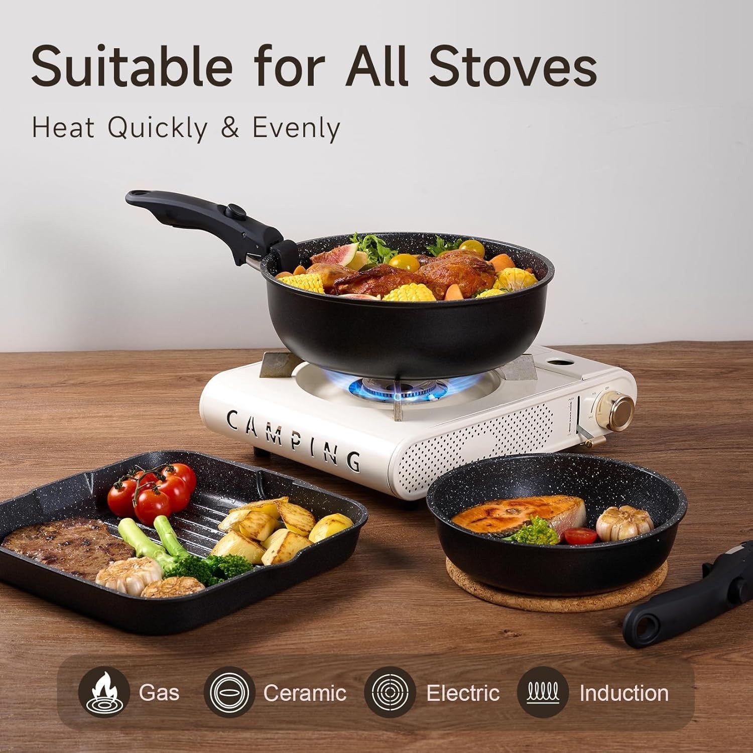 25pcs Black Non Stick Cookware Set Induction Pots & Pans with Detachable Handles