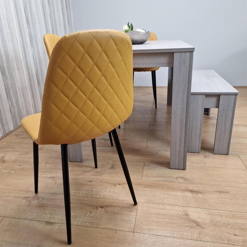 6 Seater Light Grey Dining Table Set with Mustard Chairs & Bench, MDF