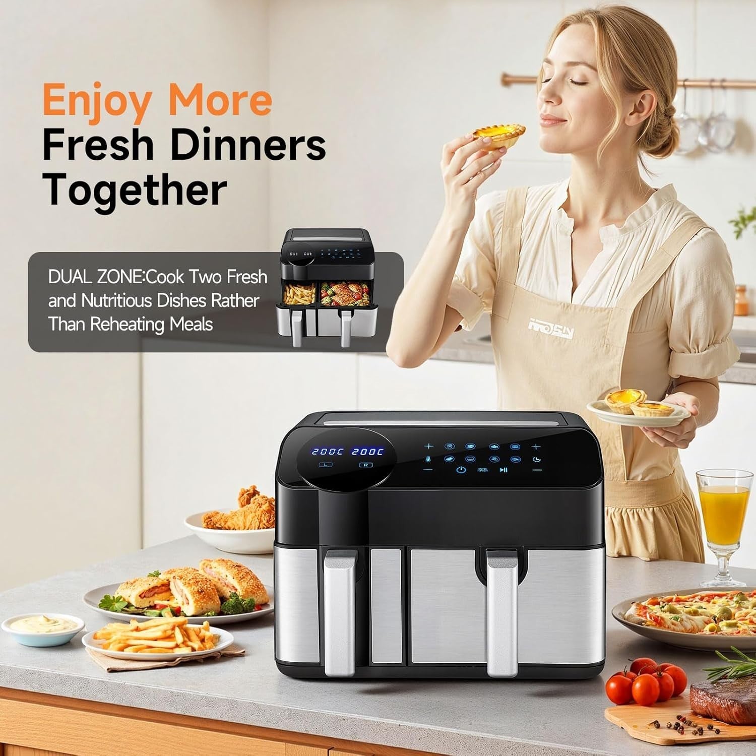 Dual Zone Air Fryer 9.5L 2 Drawers, 8-in-1 Presets, RapidAir 2400W, Touch Screen